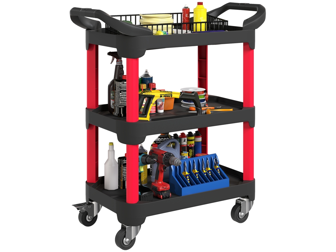 Carrinho Para Carrinho Para Ferramentas Com 3 Níveis. Alças Laterais. Rodas. Plástico. Preto. Ehstmind