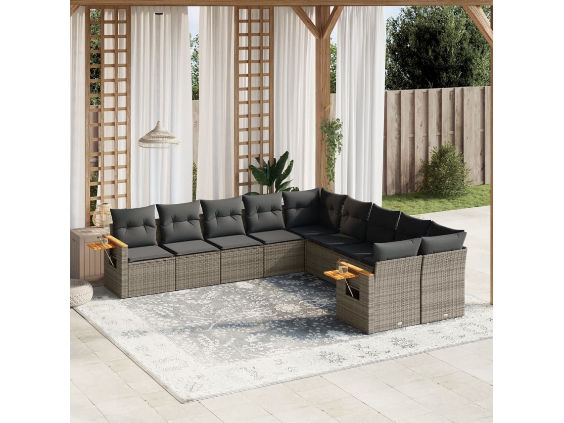 10 Pcs Conjunto Sofás De Jardim C/ Almofadões Vime Pe Cinza Dkd Home Decor