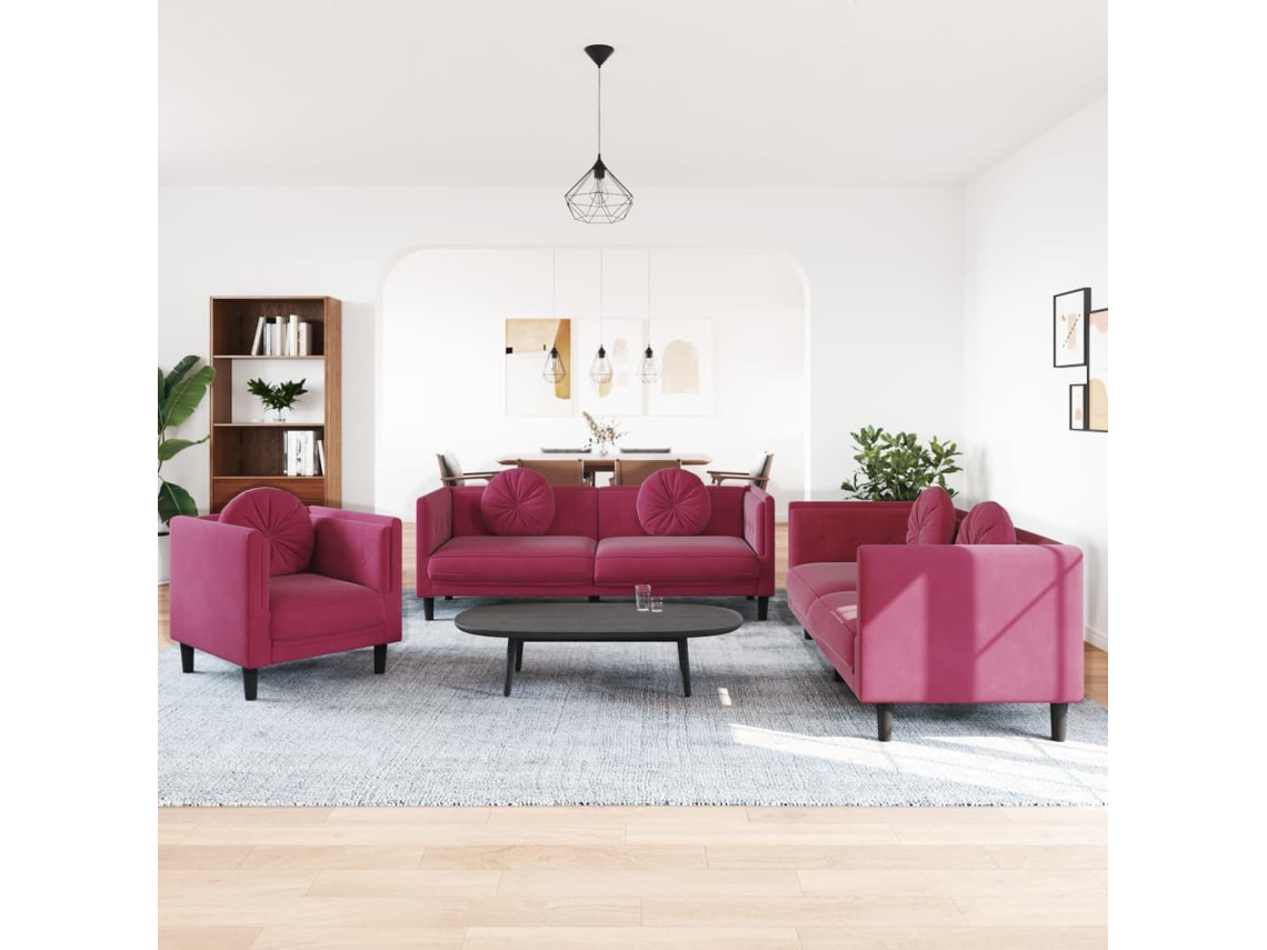 Vidaxl 3 Pcs Conjunto De Sofás Com Almofadas Veludo Vermelho-tinto