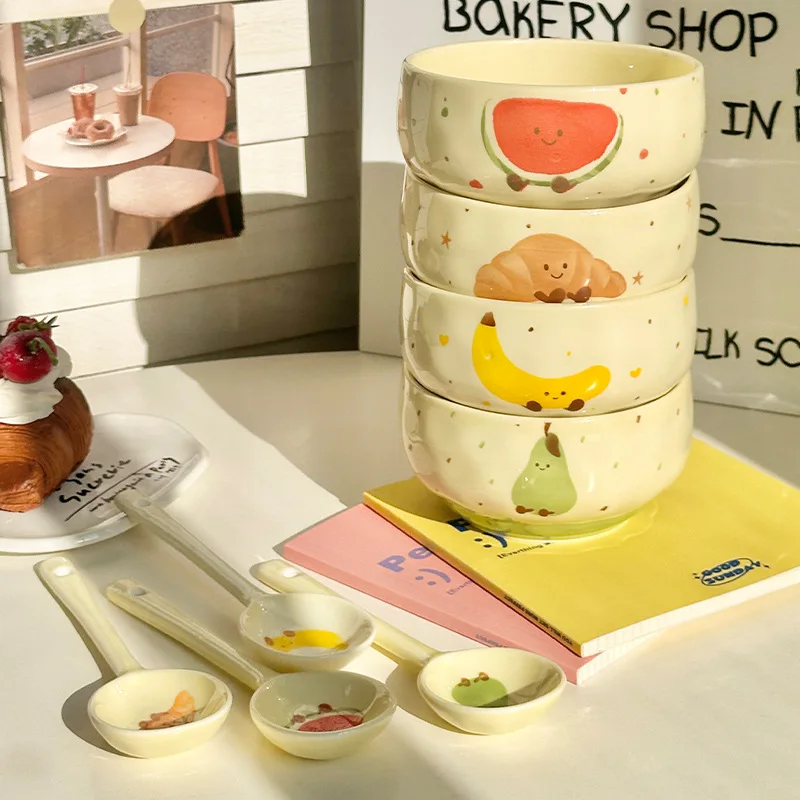 Conjunto De 4 Tigelas E Colheres De Cerâmica Com Design Fofo De Frutas, Pintadas À Mão Em Estilo Kawaii.