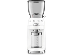 Moinho de Café SMEG CGF01PGEU (Capacidade: 130 g - 150 W - Branco) — Moinho de café com moinho cónico. 30 níveis de moagem. 8 Funções. e 1 Função Manual. Sistema anti estático. Funil com capacidade para 350 gr. Com sistema Twist&Lock. Jarro para 150 gr. Café moído