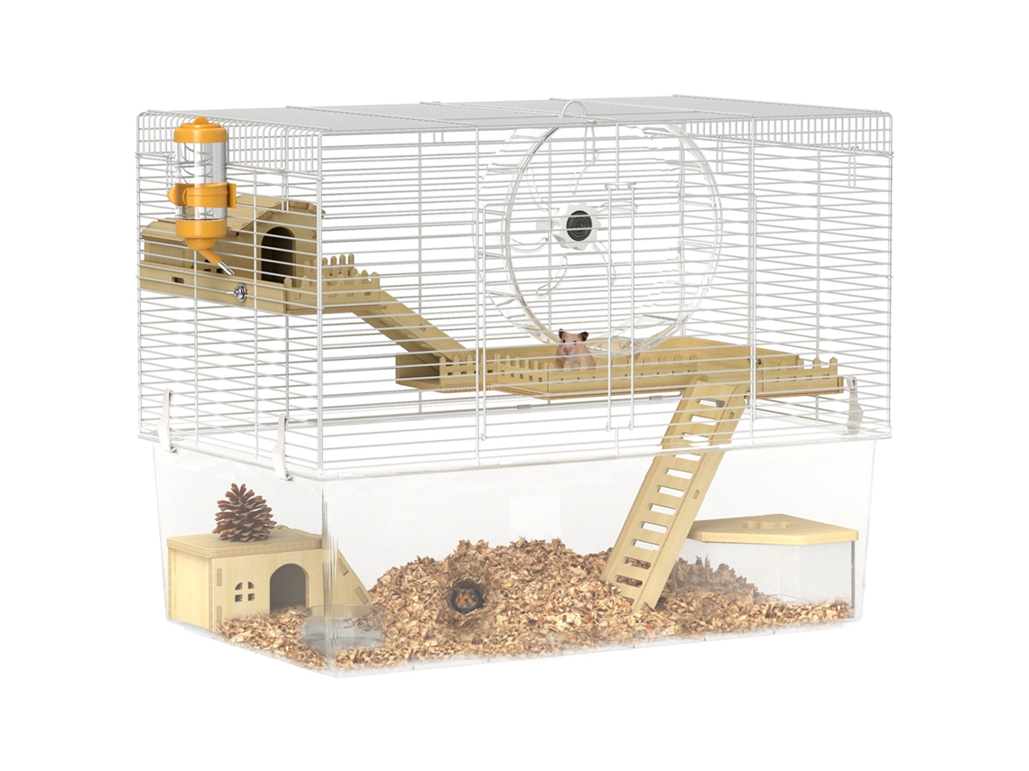 Gaiola Hamster 3 Andares Roedores C/ Roda Exercício + Bandeja Profunda Transparente, 59x35,5x47cm, Branca