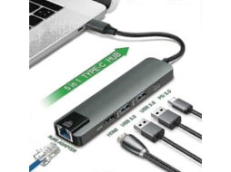 Conector USB Tipo C Hub 5 em 1 com HDMI 4K PD Ethernet RJ45 Carga