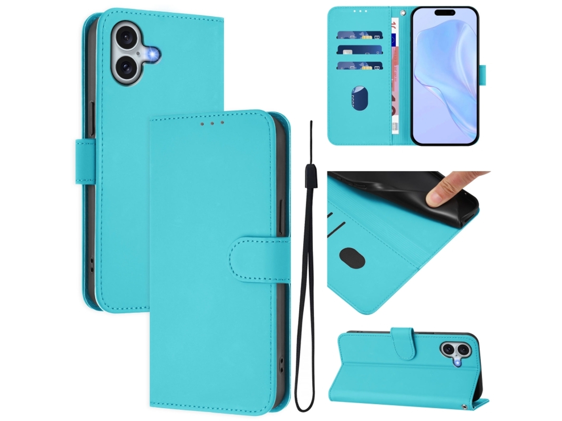 Capa De Couro Sintético Para Iphone 16 Plus - Toque Suave - Cor Sólida - Com Cordão