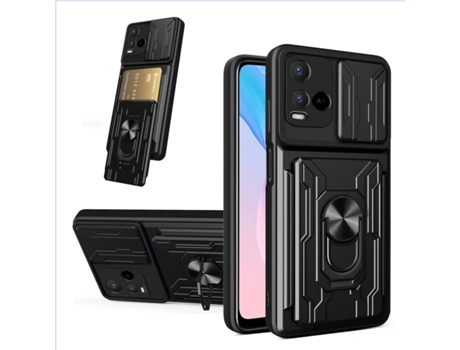 Suporte Protetora Câmera Deslizante Anel para Vivo Vivo Y21/Y21S/Y33S HONGWE. com Porta-Cartões com Anel de Suporte Preto