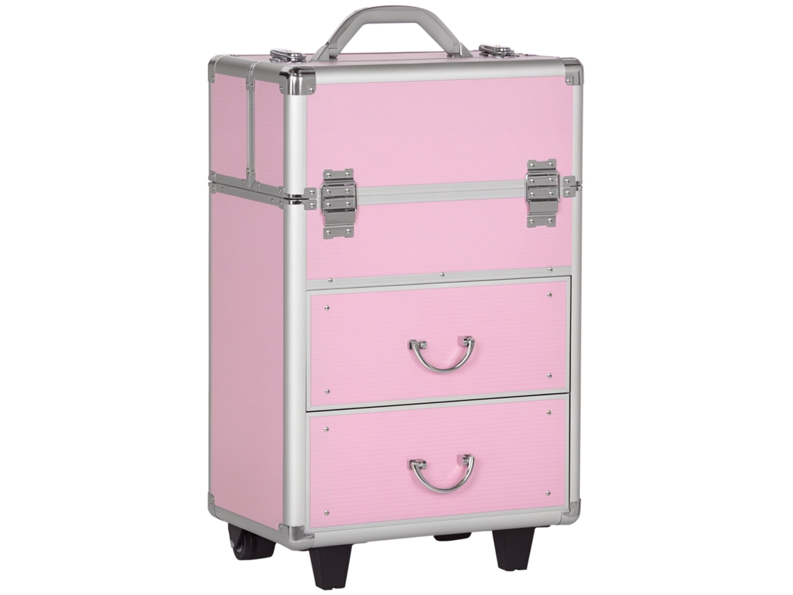 Estojo de Maquiagem Profissional para Cosméticos com 6 Gavetas Extensíveis e Fechadura com Chave 36x23x58cm Rosa Ge
