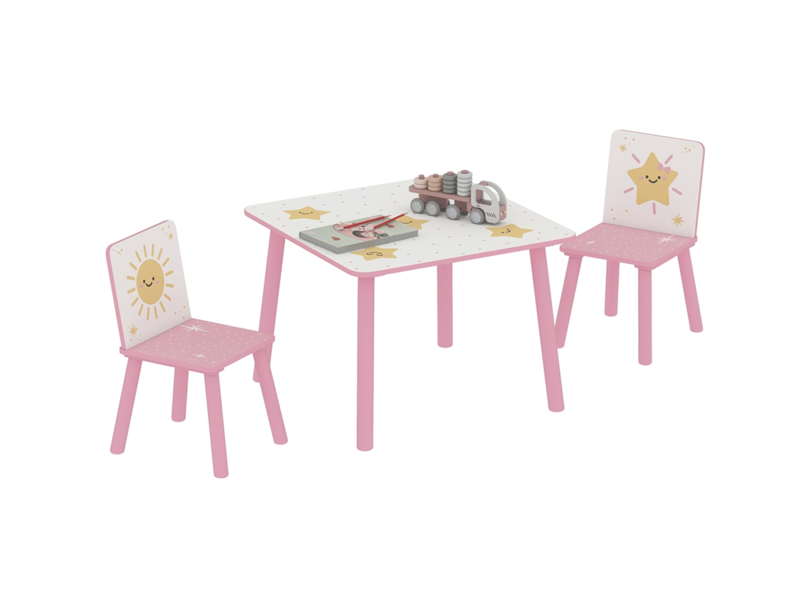 Mesa e Cadeiras para Crianças de 3 Peças Mesa Infantil com 2 Cadeiras em Madeira com Desenhos de Estrelas e Sol Rosa Ge
