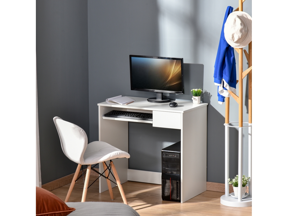 Mesa De Escritório Compacta 80x45x75 Cm Na Cor Branca, Com Bandeja Para Teclado E Gaveta Para Documentos - Economizadora De Espaço