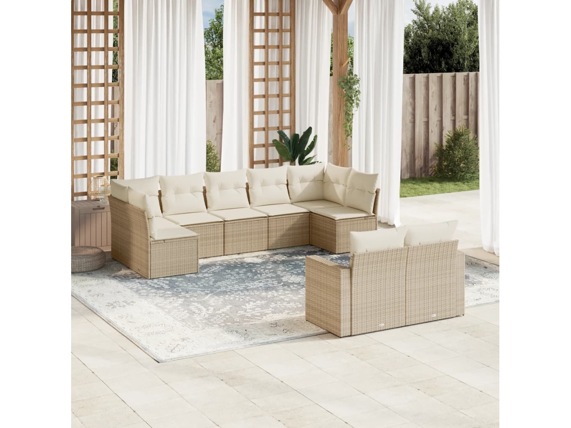 Vidaxl 9 Pcs Conjunto De Sofás P/ Jardim Com Almofadões Vime Pe Bege