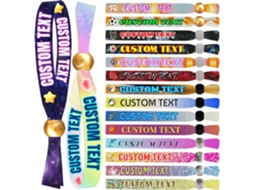 Pulseiras têxteis personalizadas, com texto e logotipo à sua escolha, ideais para eventos, de 5 a 5000 unidades.