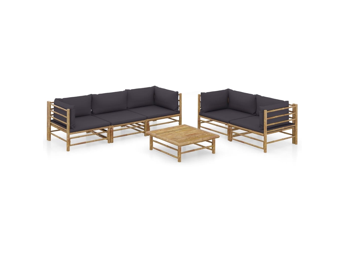 Vidaxl 6 Pcs Conj. Lounge Jardim Em Bambu C/ Almofadões Cinza-escuro