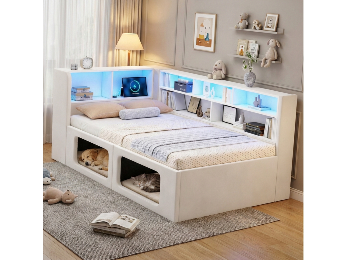 Daybett 90x200 Cm Bege Com Casinha Animais Poltrona Led Usb Armazenamento