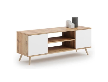 Móvel de Tv FOCUS em Carvalho Dourado Branco Pernas de Madeira Estilo Escandinavo