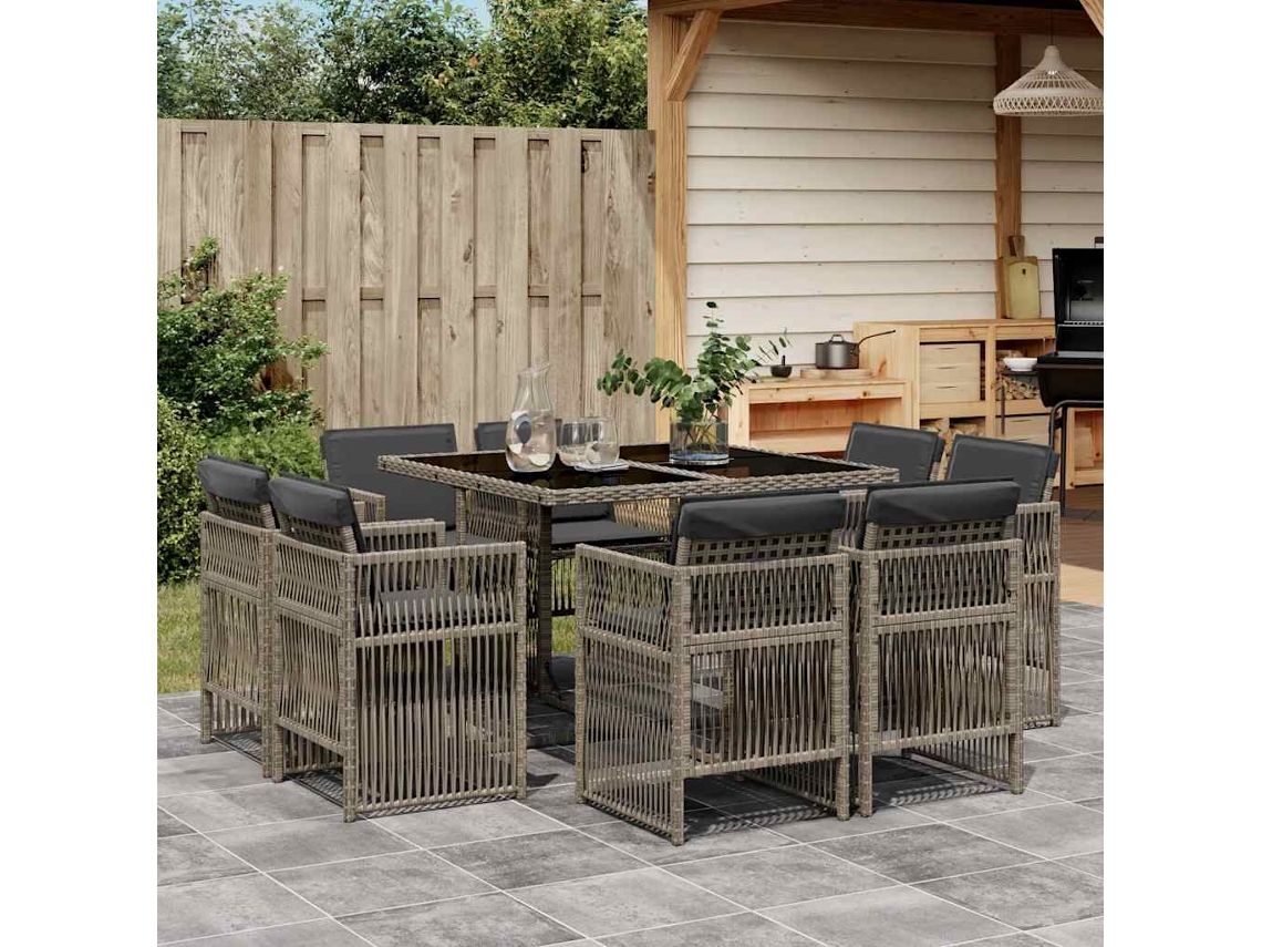 Vidaxl 9 Pcs Conjunto De Jantar P/ Jardim C/ Almofadões Vime Pe Cinza