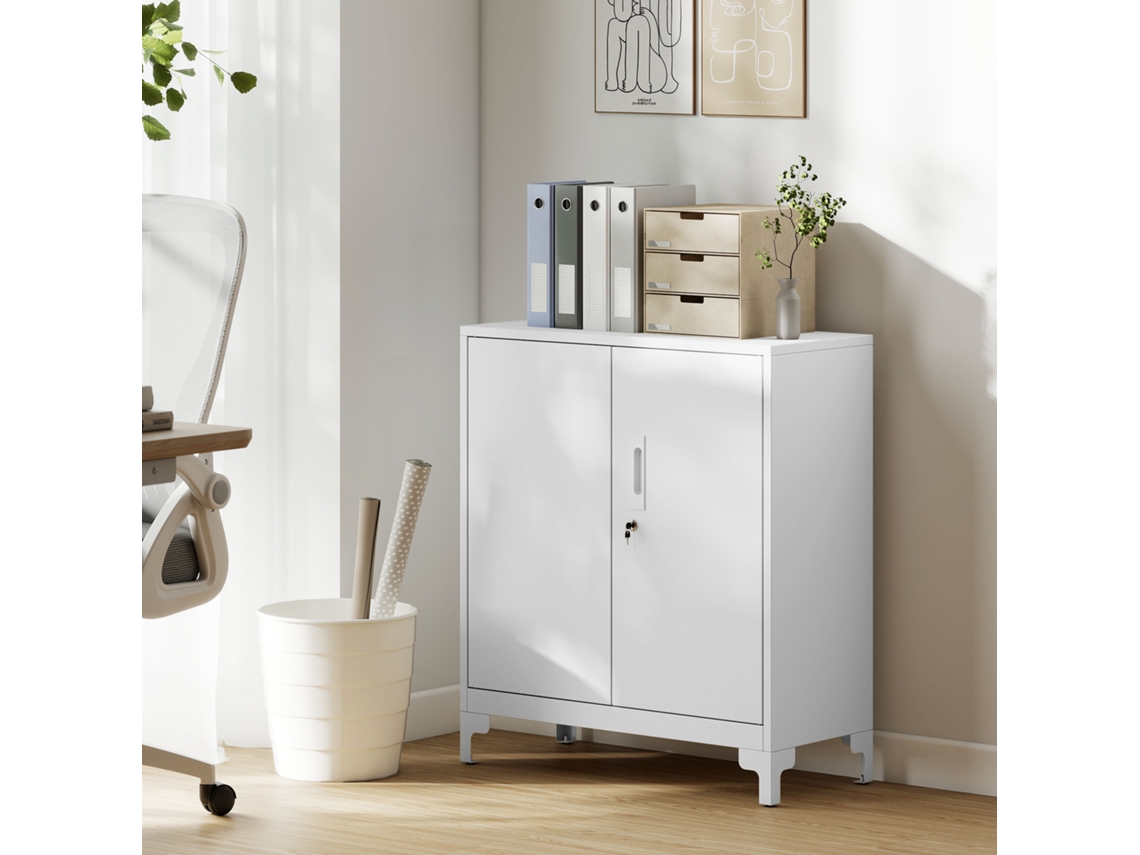 Metal Office Cabinet Lockable Doors Office Chest 2 Tier Design White