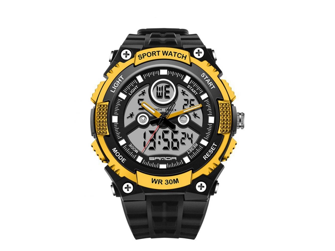 Relógio esportivo eletrônico masculino Senda à prova d'água com pulseira dourada e preta.