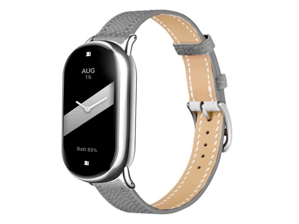 Bracelete para Xiaomi Smart Band 10/9/8 Couro Fivela Prateada Fina Textura de Lichia Cinza XIAOMOYU