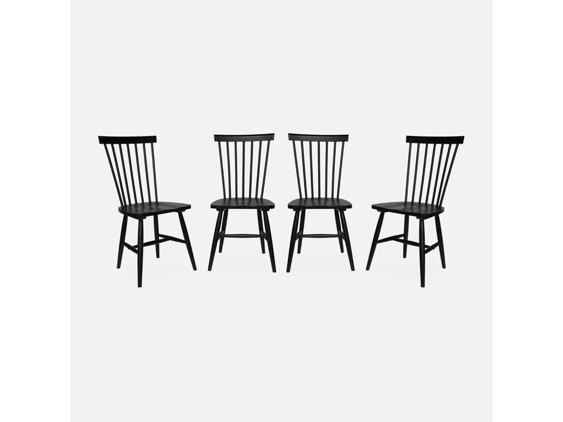 Cadeira Em Madeira De Seringueira, Set De 4, Preto