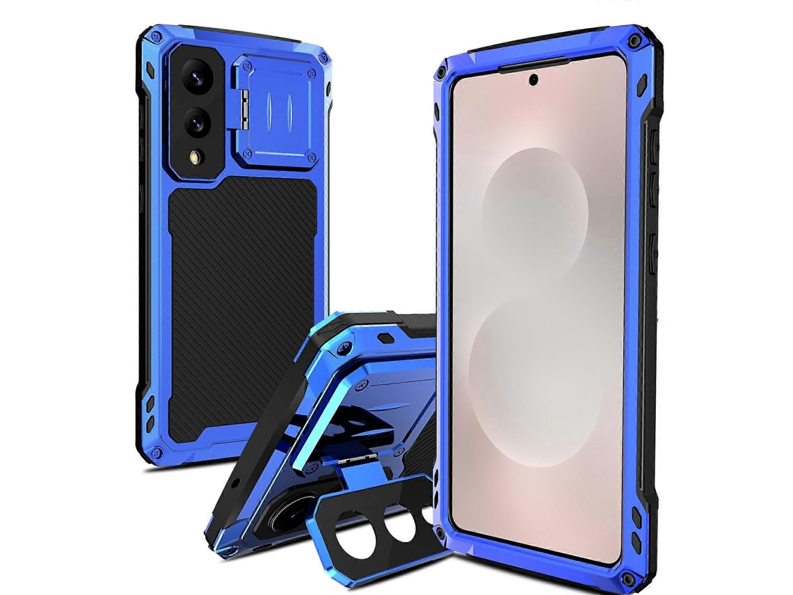 Capa Tkdaddy Para Samsung Galaxy S25 Edge Em Liga De Alumínio Lente De Silicone Com Suporte E Película De Vidro Temperado Azul
