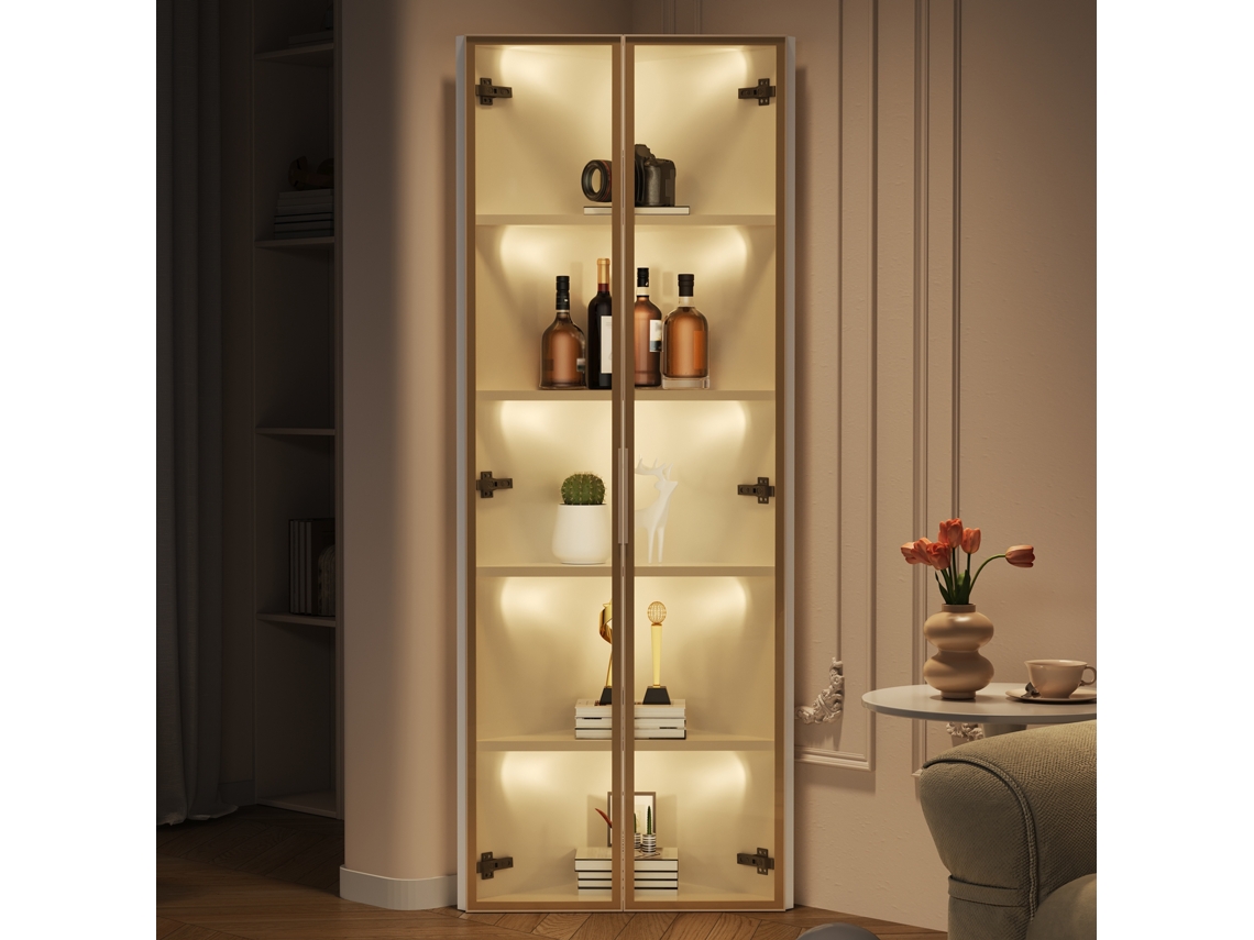Vitrine Led 62x35x160 Cm – Branca, Luz Integrada, À Prova De Poeira, Vidro Temperado, Canto, Elegante – Para Livros, Vinhos E Decoração.