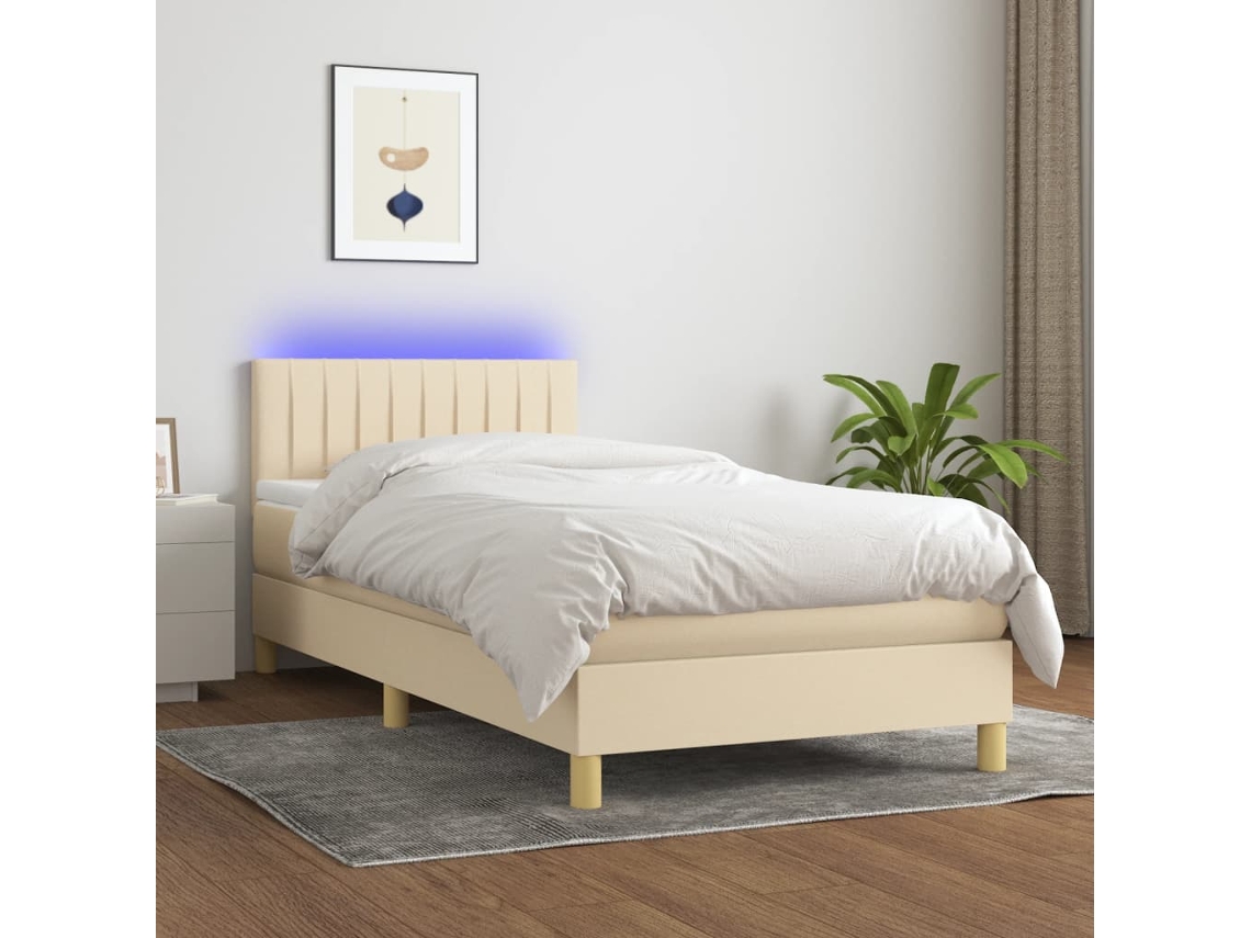 Vidaxl Cama Box Spring C/ Colchão E Led 80x200 Cm Tecido Cor Creme