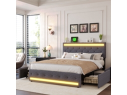 Cama De Casal 160x200 Cm Com Led E 4 Gavetas, Cama Estofada Em Linho Cinzento, Estrado Metálico, Arrumação Inferior, Sem Colchão