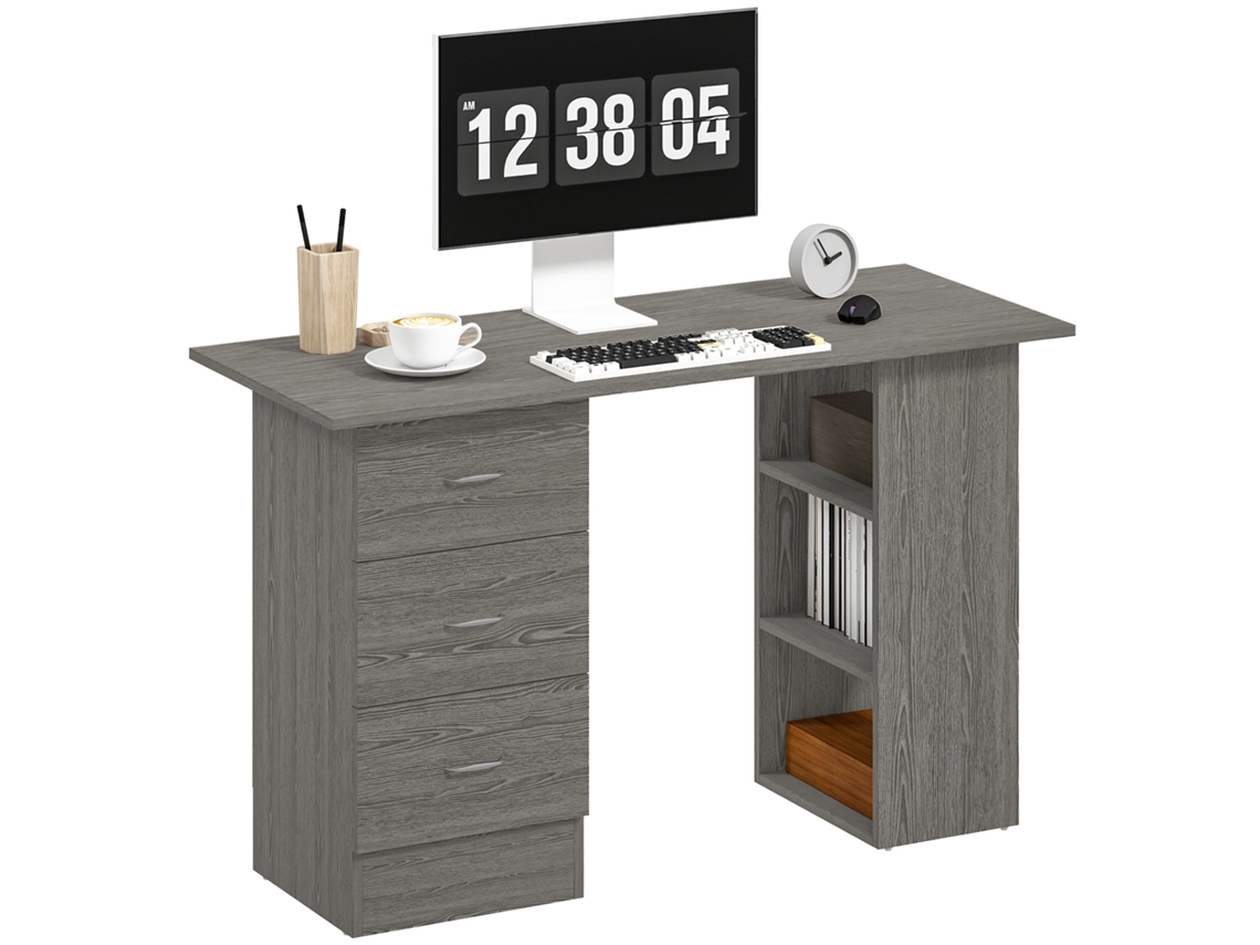 Mesa Reversível de Computador. Mesa de Computador com 3 Gavetas e 3 Prateleiras Abertas. 120 X 49 X 72 Cm. Cinza Ge
