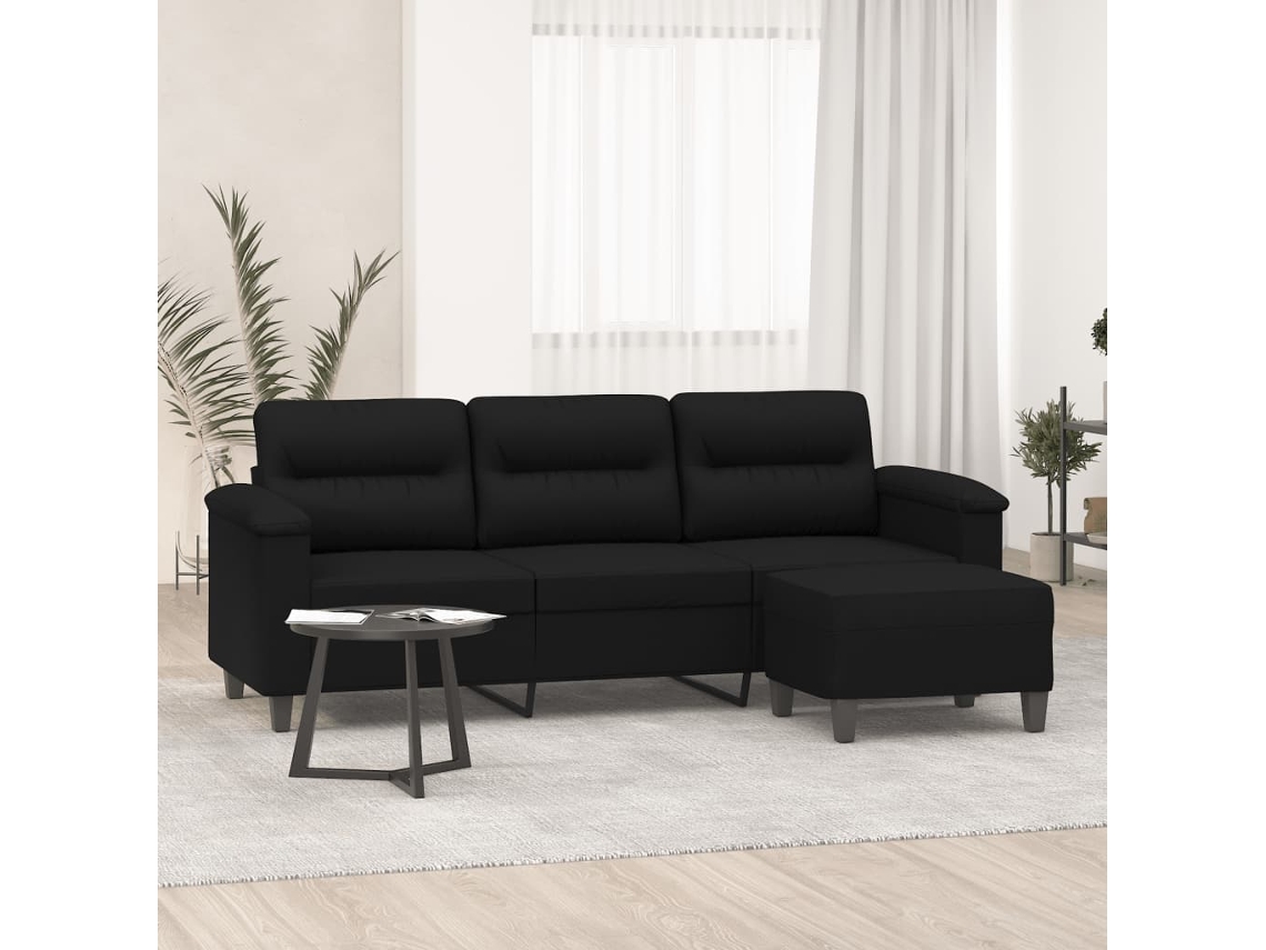 Vidaxl Sofá 3 Lugares C/ Apoio De Pés 180 Cm Tecido Microfibra Preto