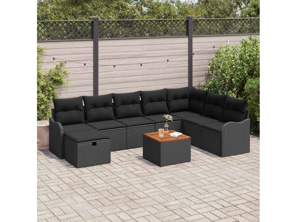 Vidaxl Conjunto De Sofá De Jardim Com Almofada 9 Pcs Preto Vime Pe