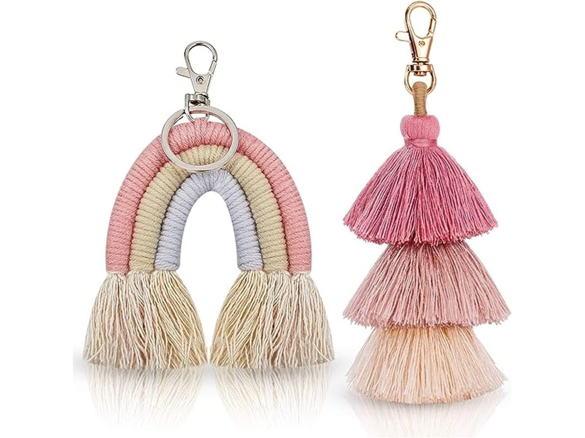 2 Chaveiros Arco-íris Boho Com Pom Pom E Tassel Macramê Para Mulheres E Meninas