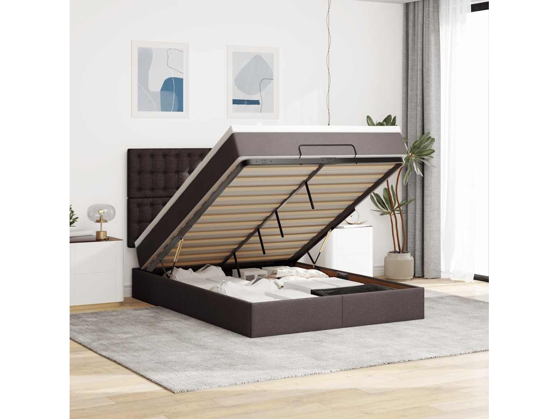 Estrutura Cama Otomana Colchão 140x190cm Tecido Castanho Escuro