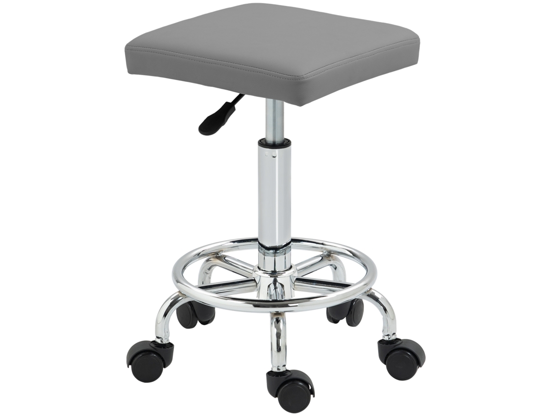 Banco Giratório Com Rodas Altura Regulável 50-66 Cm Assento Estofado Em Imitação De Couro 34x34x50-66 Cinzento