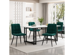 Conjunto de mesa PAPRIKA 140x80 cm com 4 cadeiras verde-escuras em veludo e estrutura de ferro para cozinha moderna.