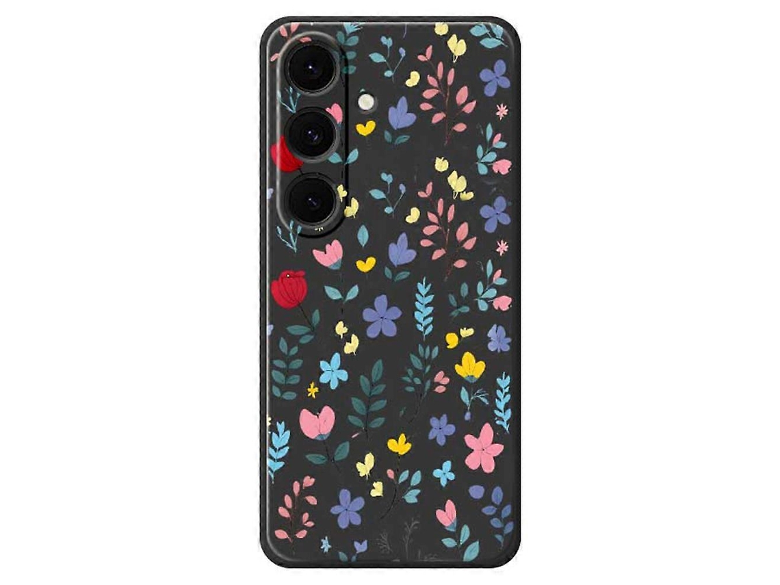 Capa Tkdaddy Para Samsung Galaxy S25 Com Estampa De Galhos De Flores Coloridas E Bordas Retas Em Tpu, Preta