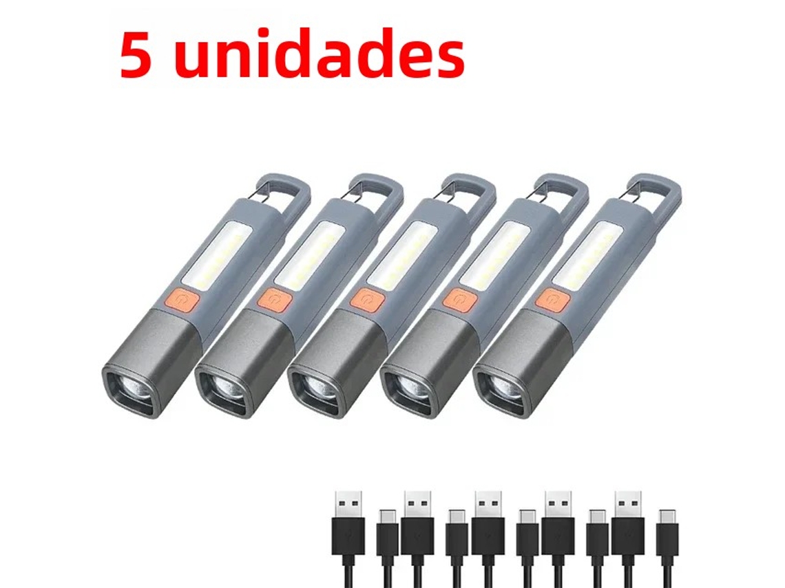 (5 Unidades) Mini Lanterna Led Portátil Recarregável Via Usb Com Gancho E Função De Zoom