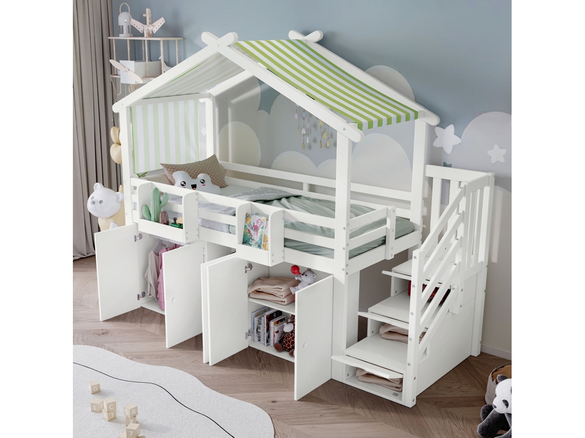 Beliche Cama Infantil 90x200cm Com Grade De Proteção Pinheiromdfcompensado Brancoverde Sem Colchão