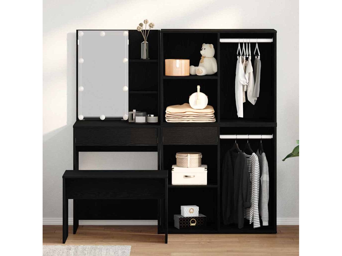 Vidaxl Conjunto De Mesa De Maquiagem Com Led 4 Pcs Carvalho Preto