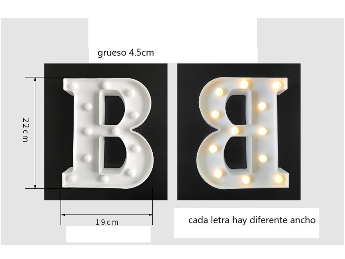 LED letra B iluminado com luz branca quente, altura 22cm, bateria