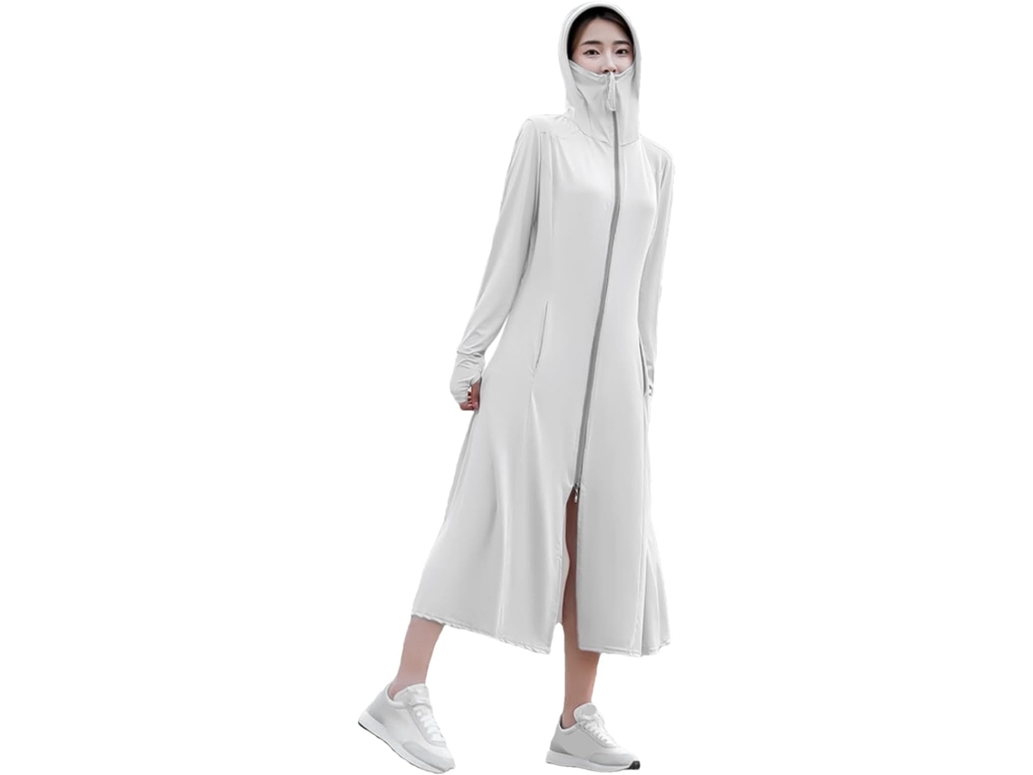 Vestido Longo de Praia com Mangas Compridas, Proteção Solar UPF50, Capuz, Casaco Seda Gelada | S/MARCA