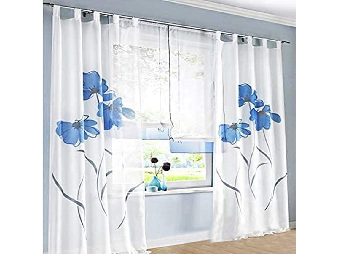 Nova Line 2 Cortinas de Sala com Estampa Floral Desenhada À Mão 150x145cm Azul