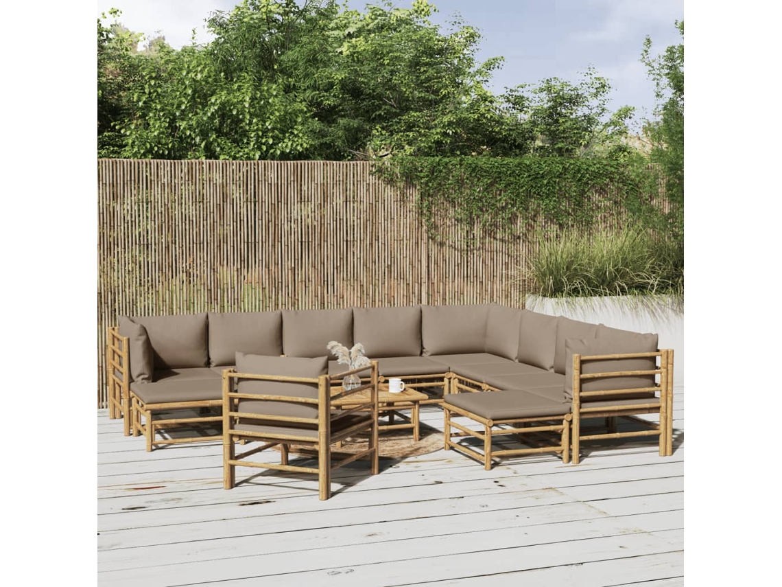 Vidaxl 12pcs Conj. Lounge Jardim Bambu Almofadões Cinzento-acastanhado