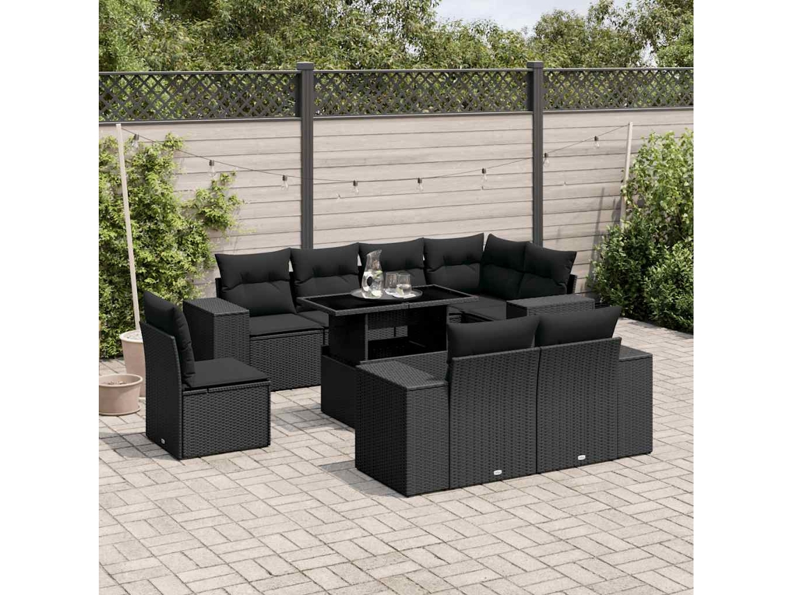 Vidaxl 9 Pcs Conjunto De Sofás P/ Jardim C/ Almofadões Vime Pe Preto