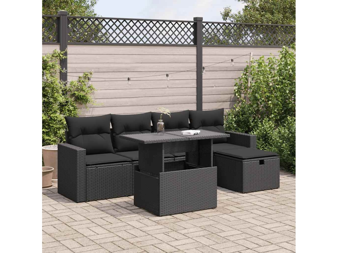 Vidaxl 6 Pcs Conjunto Sofás De Jardim C/ Almofadões Vime Pe Preto