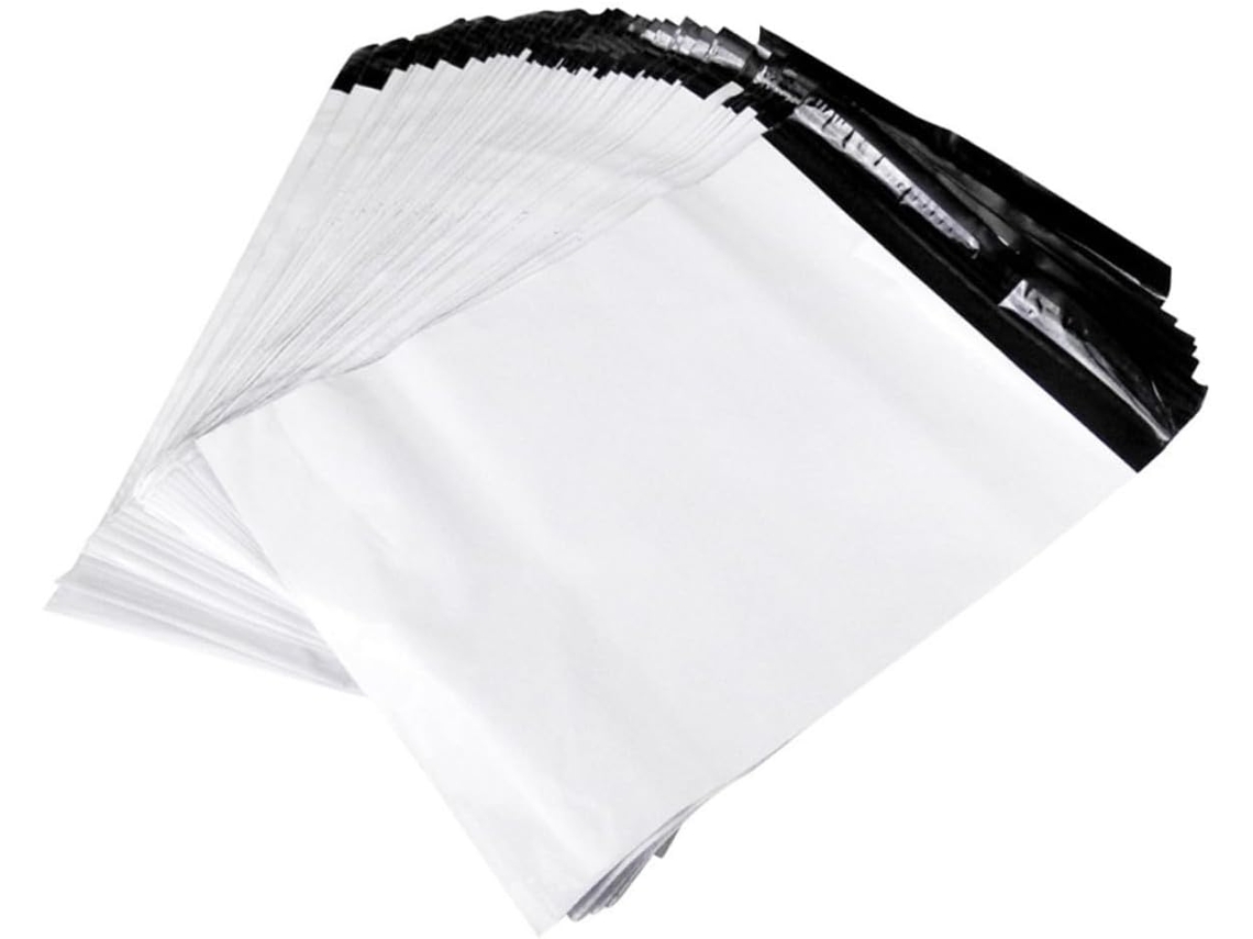 Pacote com 100 Sacos Plásticos Grossos para Envio com Adesivos Brancos