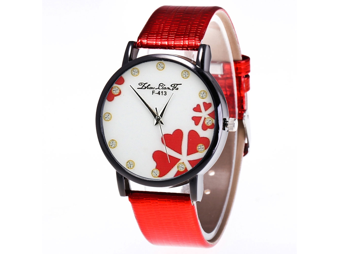 Relógio feminino de quartzo com pulseira de couro sintético, mostrador redondo e pedras, cor vermelha.