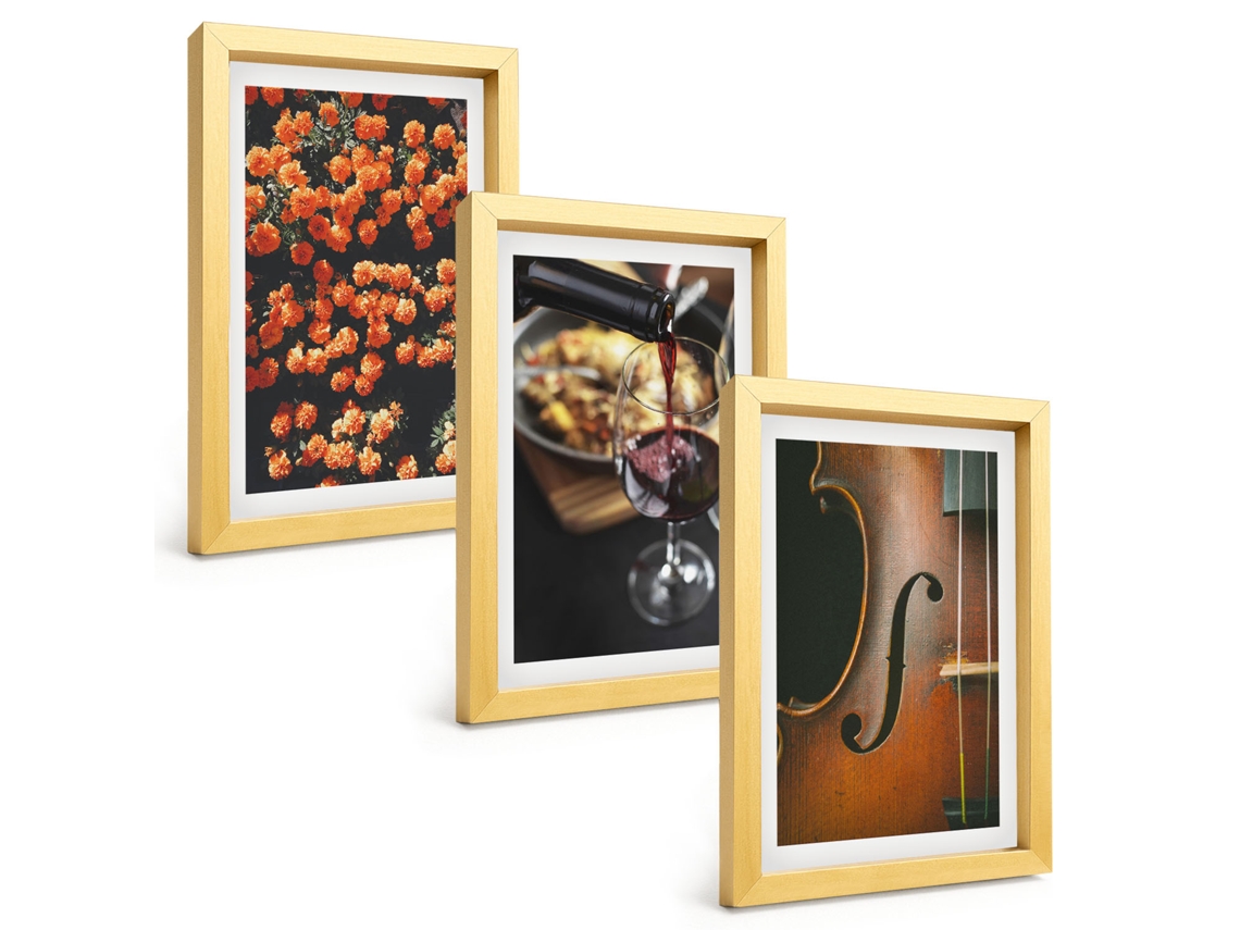 Composição De Quadros Na Paredeflores Vintage, Vinho, Violino Moldura Dourada Quadros Para A Sala De Estar Espelharte (3 Peças 20x30 Cm)
