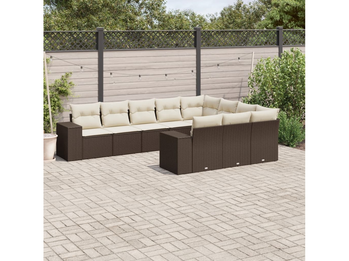 Vidaxl 10 Pcs Conj. Sofás Jardim Com Almofadões Vime Pe Castanho