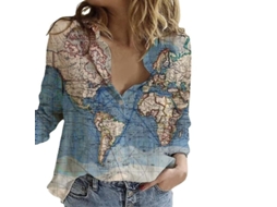 2026 camisa Manga Longa para Mulher com Estampa de Mapa Mundial, Gola de Camisa, Casual, Verão, Azul e Verde
