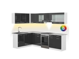 Cozinha De Canto Rick, 270x60cm, Pt Mármore Com Faixa De Led, Antracite Alto Brilho/branco, Vicco