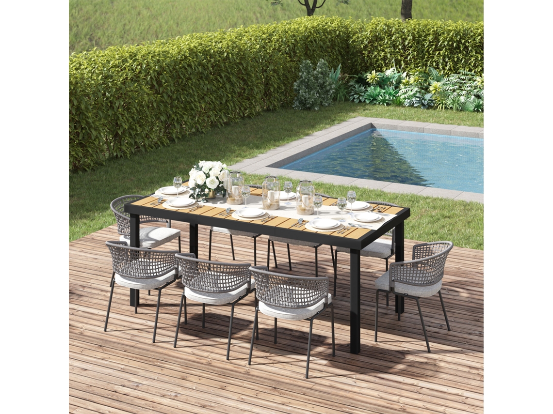 Mesa De Jantar 190x90x74cm Em Alumínio Preto E Natural, Tampo Ripado, Perfeita Para 8 Pessoas Em Jardim E Área Externa